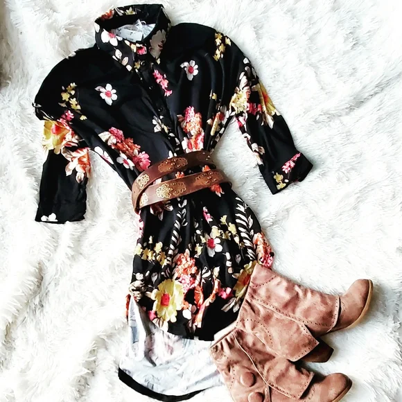 BOHO FLORAL BUTTON-DOWN DRESS - Picture 1 of 5